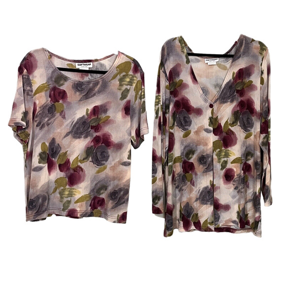 Softwear Mark Singer 2 Piece Cardigan Set Sz XL Multi Color Floral Slinky Work - Picture 1 of 15